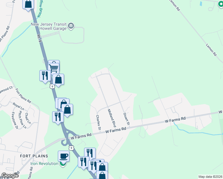 map of restaurants, bars, coffee shops, grocery stores, and more near 264 Stuart Street in Howell Township