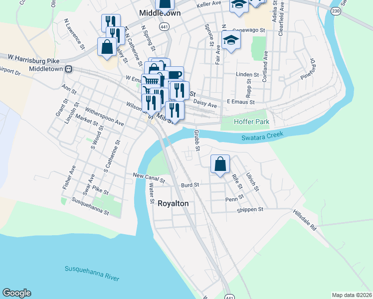 map of restaurants, bars, coffee shops, grocery stores, and more near 50 Canal Street in Middletown