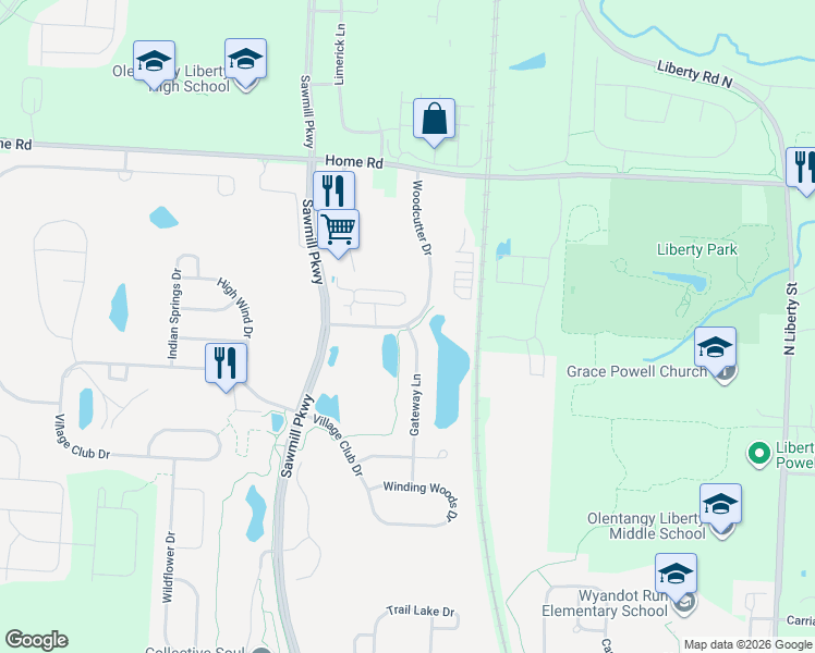 map of restaurants, bars, coffee shops, grocery stores, and more near 7689 Gateway Lane in Powell