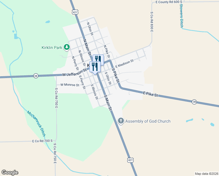 map of restaurants, bars, coffee shops, grocery stores, and more near 103 East Adams Street in Kirklin