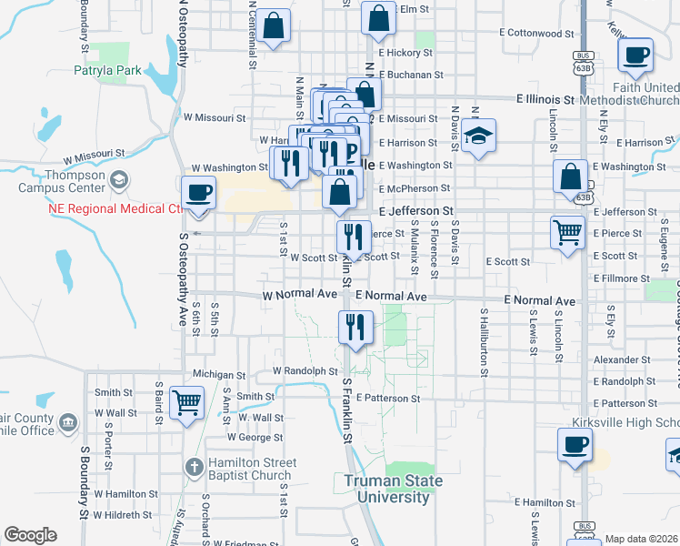 map of restaurants, bars, coffee shops, grocery stores, and more near 613 South Franklin Street in Kirksville