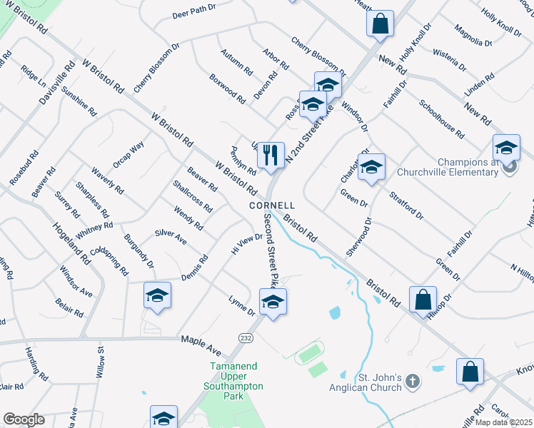 map of restaurants, bars, coffee shops, grocery stores, and more near 1572 2nd Street Pike in Southampton