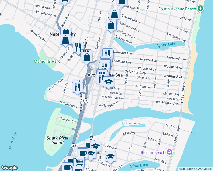 map of restaurants, bars, coffee shops, grocery stores, and more near in Avon-by-the-Sea