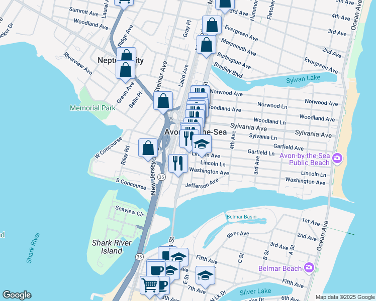 map of restaurants, bars, coffee shops, grocery stores, and more near in Avon-by-the-Sea