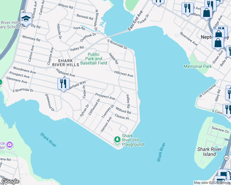 map of restaurants, bars, coffee shops, grocery stores, and more near 2 Fulton Place in Neptune City