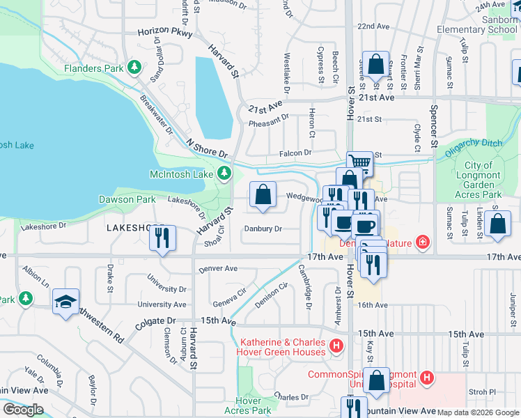 map of restaurants, bars, coffee shops, grocery stores, and more near 2614 Stratford Lane in Longmont