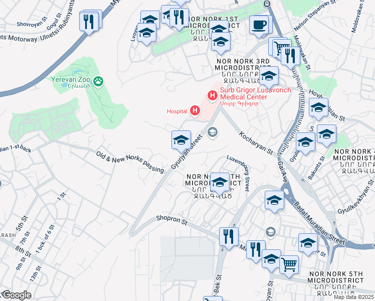 map of restaurants, bars, coffee shops, grocery stores, and more near Gyurjyan Street in Yerevan
