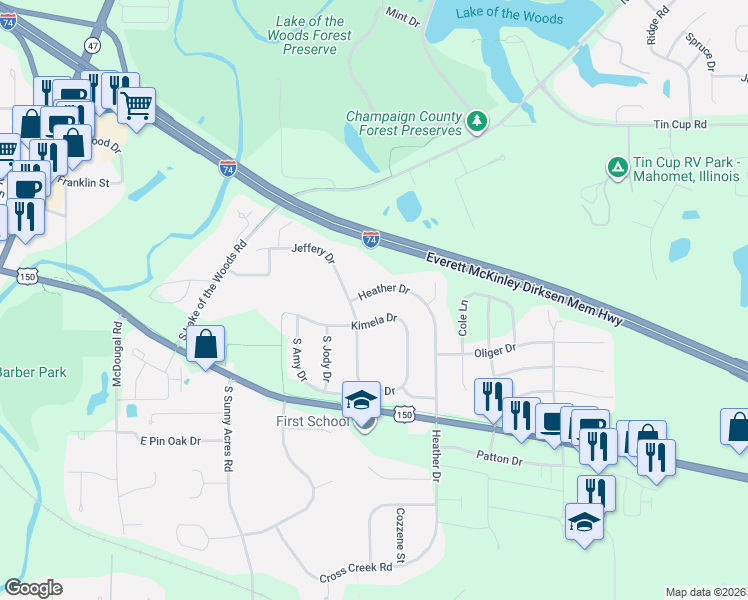 map of restaurants, bars, coffee shops, grocery stores, and more near 1409 Heather Drive in Mahomet