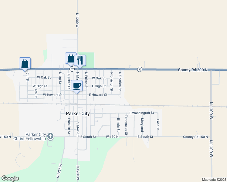 map of restaurants, bars, coffee shops, grocery stores, and more near 105 Division St in Parker City