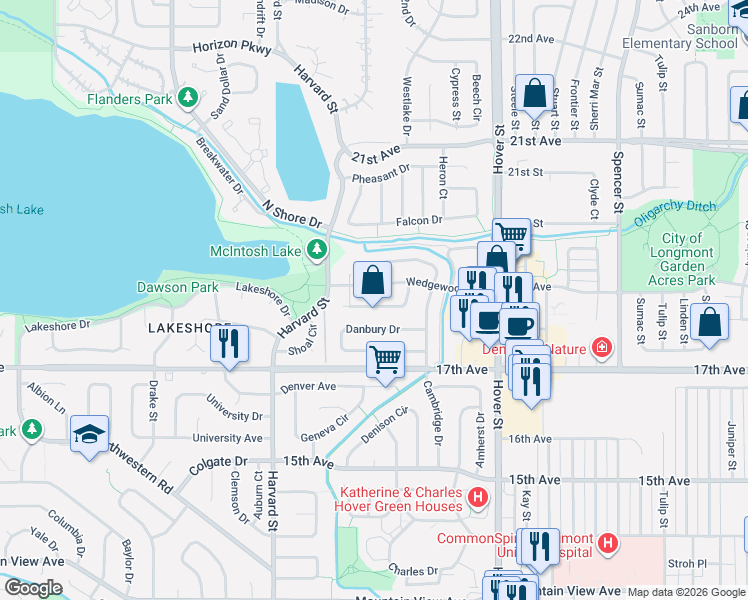 map of restaurants, bars, coffee shops, grocery stores, and more near 2614 Stratford Lane in Longmont