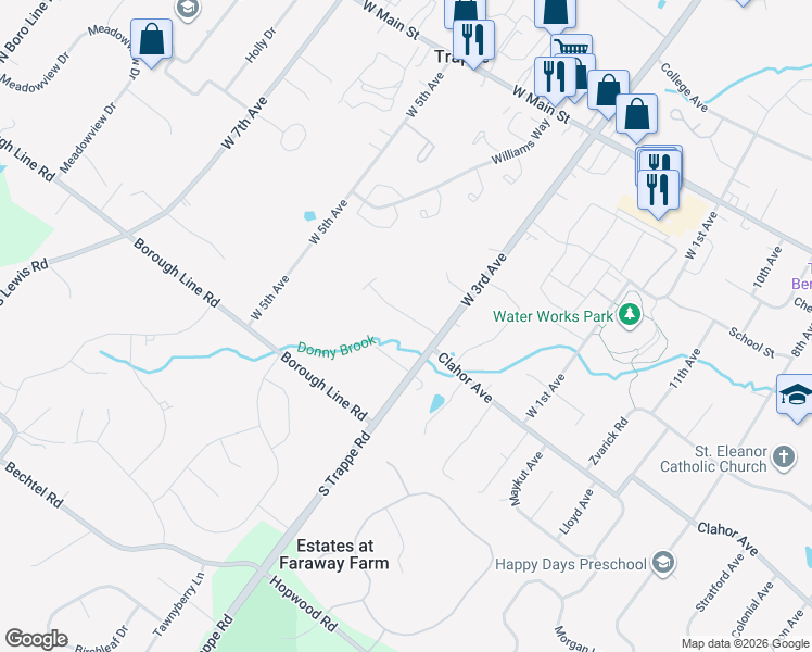 map of restaurants, bars, coffee shops, grocery stores, and more near 316 Laurel Drive in Collegeville