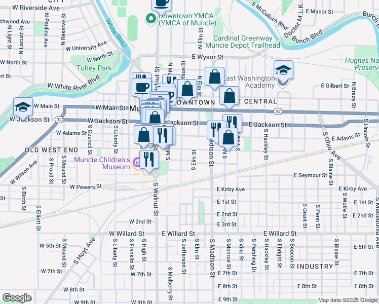 map of restaurants, bars, coffee shops, grocery stores, and more near 315 East Charles Street in Muncie