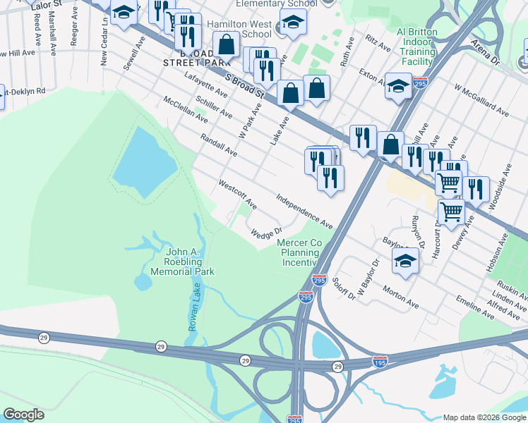 map of restaurants, bars, coffee shops, grocery stores, and more near 176 Westcott Avenue in Trenton