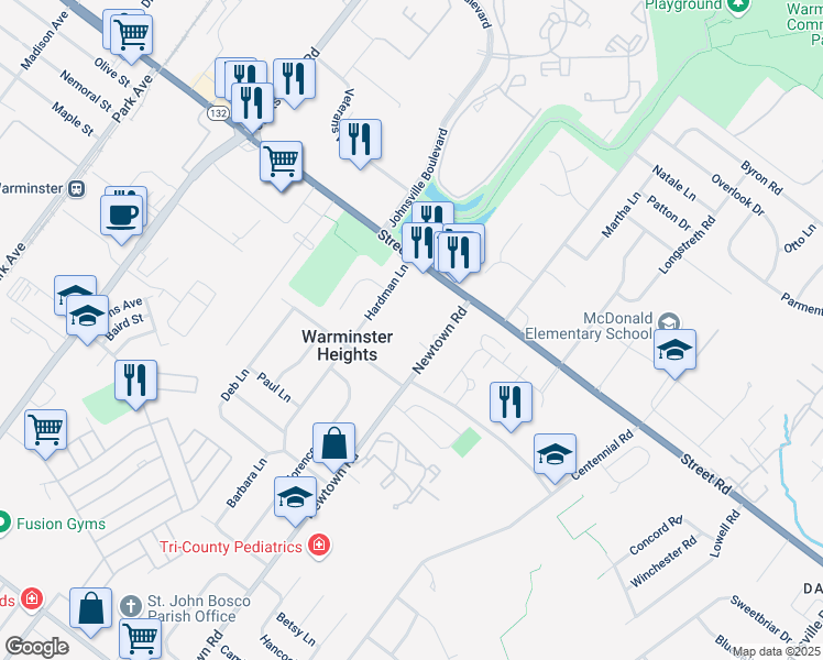 map of restaurants, bars, coffee shops, grocery stores, and more near 473 Hardman Lane in Warminster
