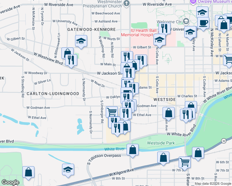 map of restaurants, bars, coffee shops, grocery stores, and more near 413 South Tillotson Avenue in Muncie