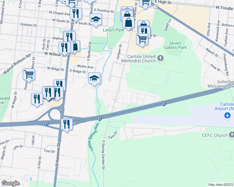 map of restaurants, bars, coffee shops, grocery stores, and more near South Spring Garden Street in Carlisle