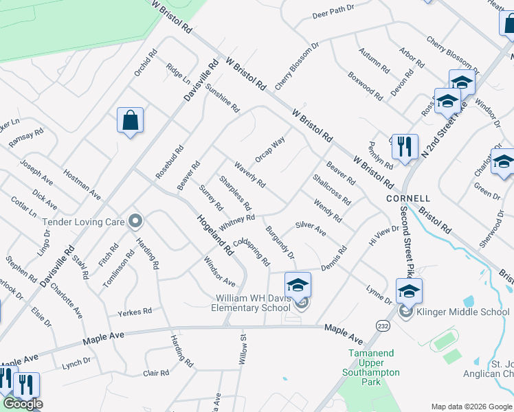 map of restaurants, bars, coffee shops, grocery stores, and more near 293 Sharpless Road in Southampton