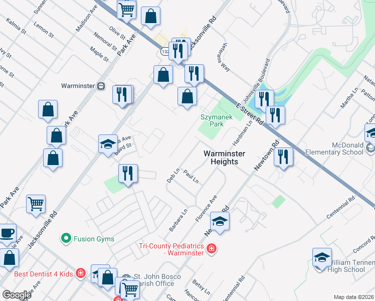 map of restaurants, bars, coffee shops, grocery stores, and more near 409 Deb Lane in Warminster