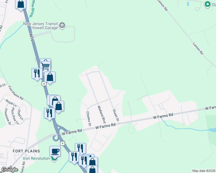 map of restaurants, bars, coffee shops, grocery stores, and more near 264 Stuart Street in Howell Township