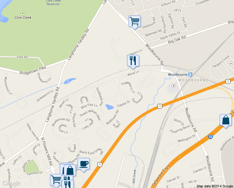 map of restaurants, bars, coffee shops, grocery stores, and more near 117 Bellflower Rd in Langhorne