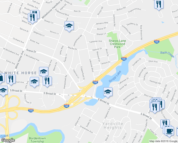 map of restaurants, bars, coffee shops, grocery stores, and more near 174 Lakeside Boulevard in Trenton