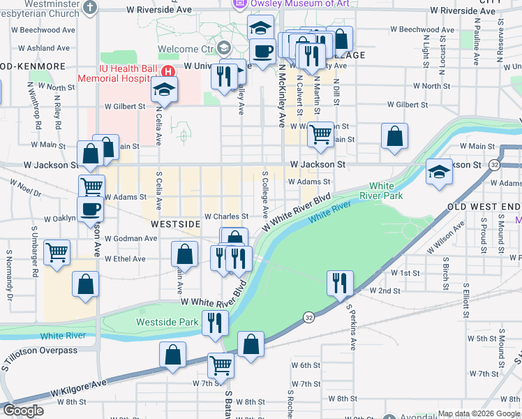 map of restaurants, bars, coffee shops, grocery stores, and more near 409 South College Avenue in Muncie