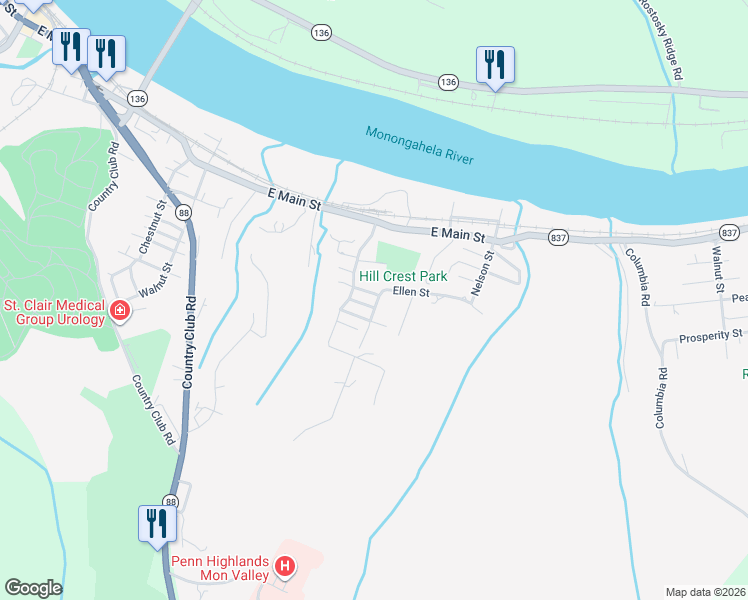 map of restaurants, bars, coffee shops, grocery stores, and more near 707 Linden Street in Monongahela