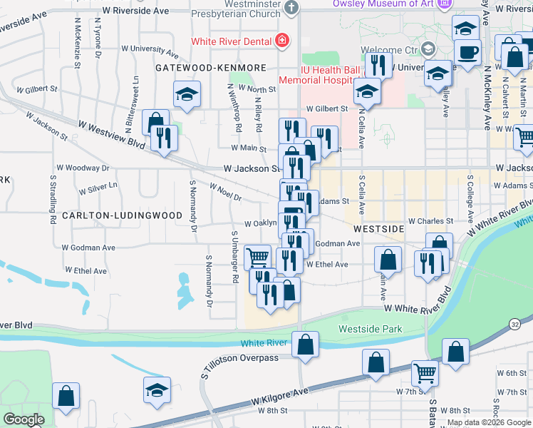 map of restaurants, bars, coffee shops, grocery stores, and more near 413 South Tillotson Avenue in Muncie