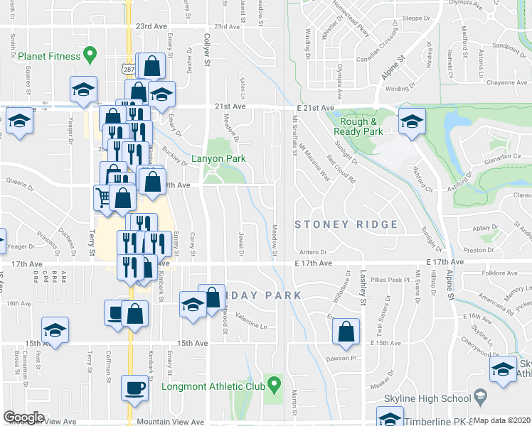 map of restaurants, bars, coffee shops, grocery stores, and more near 1813 Meadow Lane in Longmont