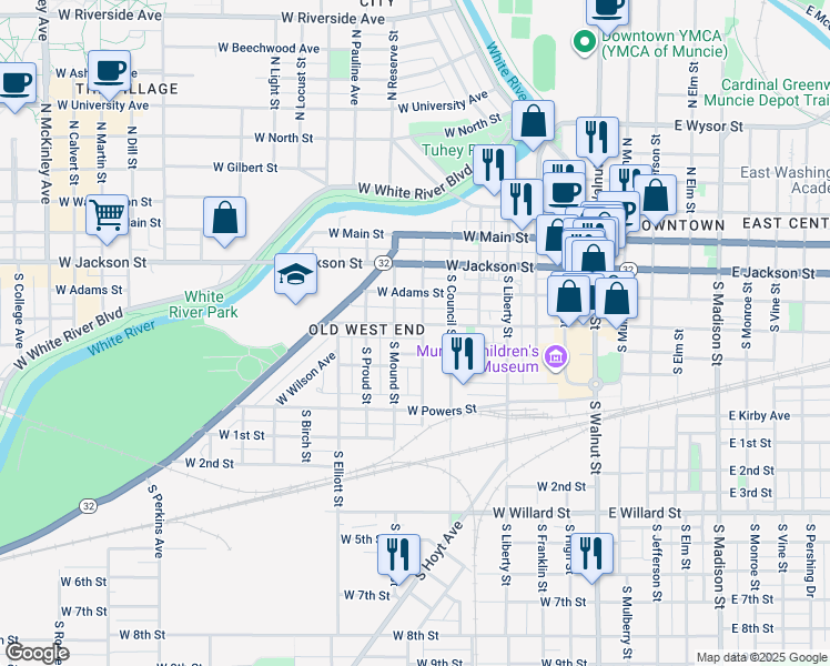 map of restaurants, bars, coffee shops, grocery stores, and more near 705 West Charles Street in Muncie
