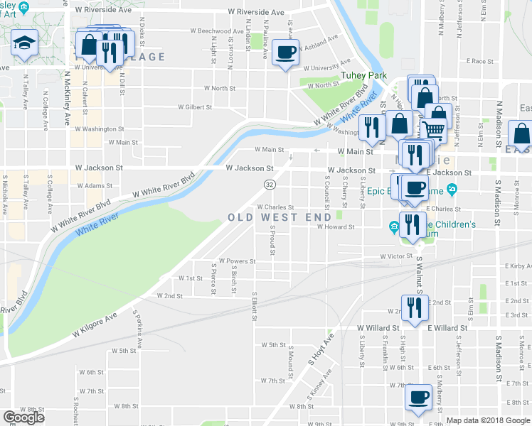 map of restaurants, bars, coffee shops, grocery stores, and more near 923 West Charles Street in Muncie