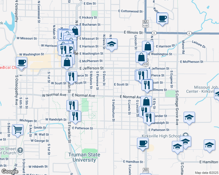 map of restaurants, bars, coffee shops, grocery stores, and more near 514 South Halliburton Street in Kirksville