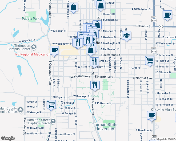 map of restaurants, bars, coffee shops, grocery stores, and more near 505 South Elson Street in Kirksville