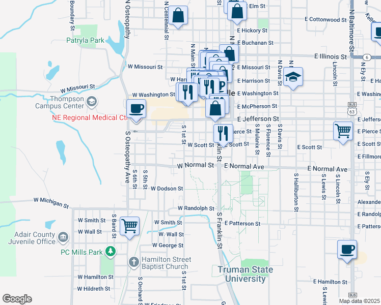 map of restaurants, bars, coffee shops, grocery stores, and more near 511 South 1st Street in Kirksville