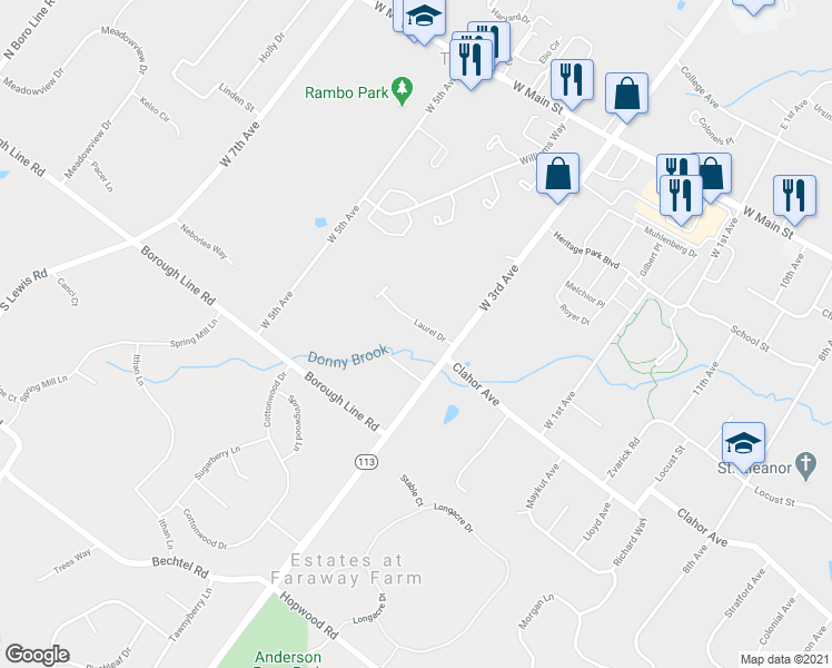 map of restaurants, bars, coffee shops, grocery stores, and more near 316 Laurel Drive in Collegeville