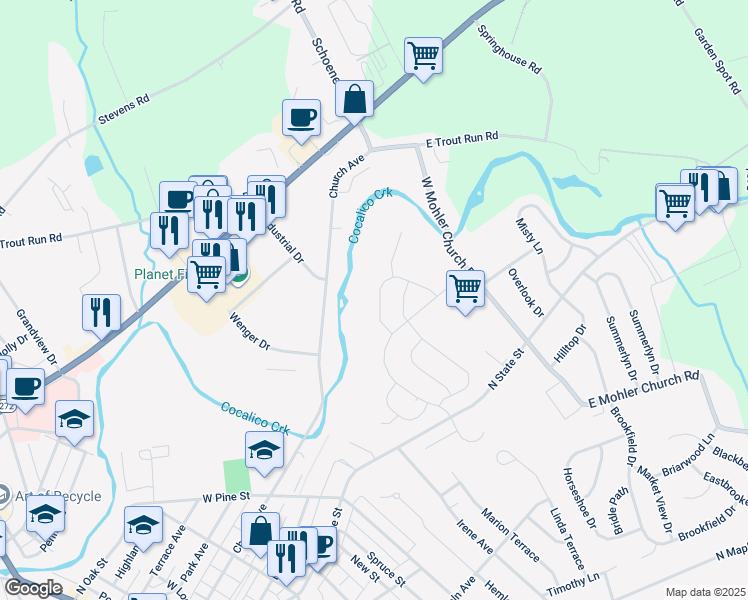 map of restaurants, bars, coffee shops, grocery stores, and more near 19 Amber Lane in Ephrata
