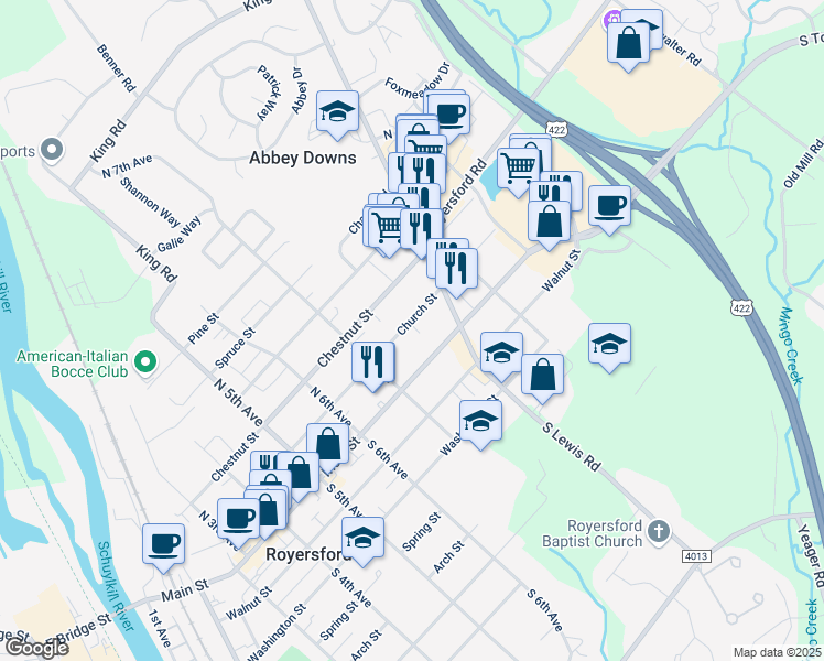 map of restaurants, bars, coffee shops, grocery stores, and more near 760 Church Street in Royersford