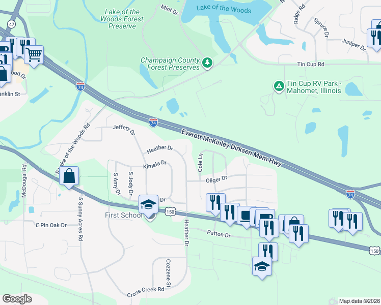 map of restaurants, bars, coffee shops, grocery stores, and more near 608 Gladney Court in Mahomet