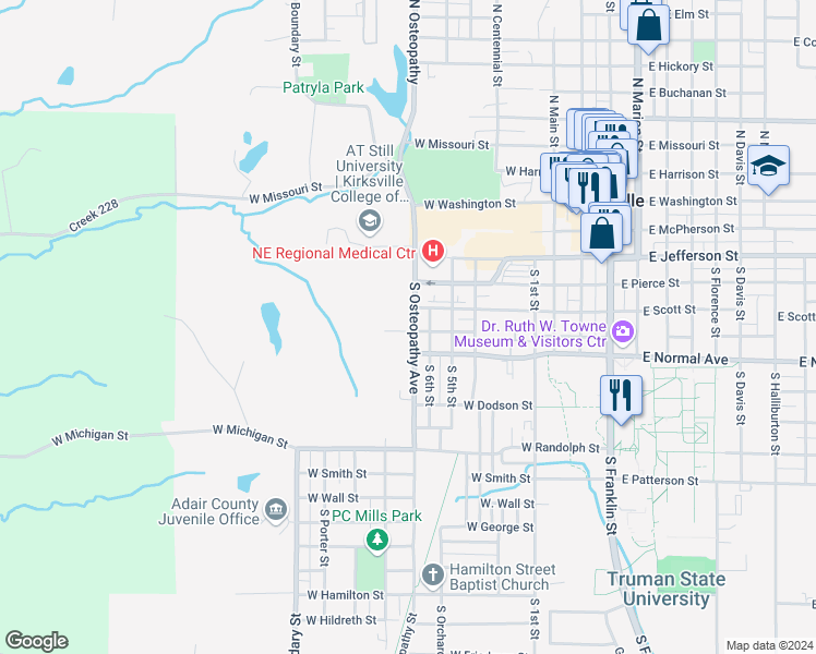 map of restaurants, bars, coffee shops, grocery stores, and more near 916 West Sundown Drive in Kirksville