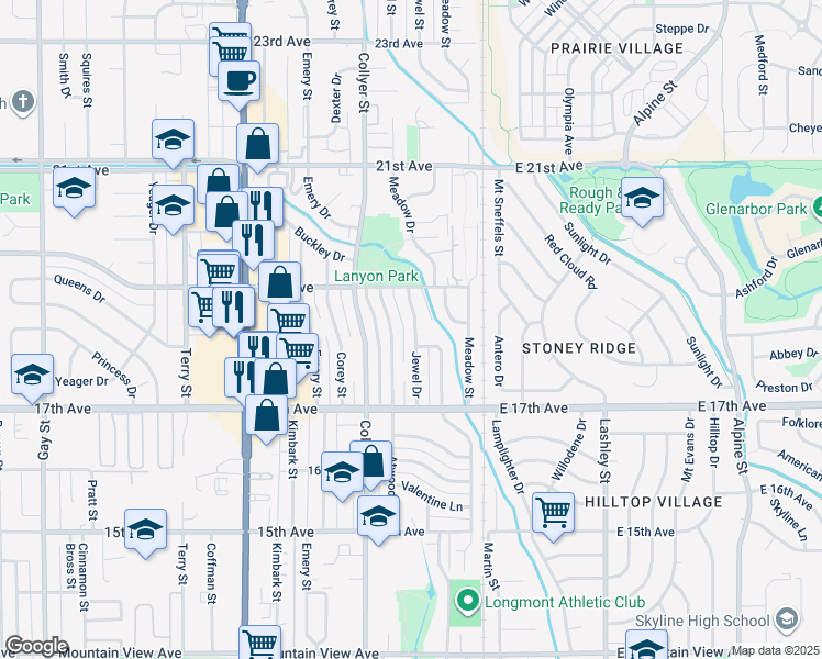 map of restaurants, bars, coffee shops, grocery stores, and more near 1813 Jewel Drive in Longmont