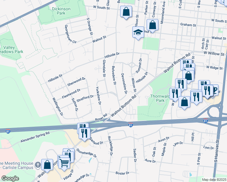 map of restaurants, bars, coffee shops, grocery stores, and more near 648 Belvedere Street in Carlisle