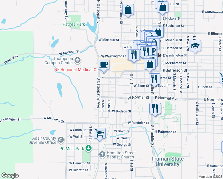 map of restaurants, bars, coffee shops, grocery stores, and more near 610 West Fillmore Street in Kirksville