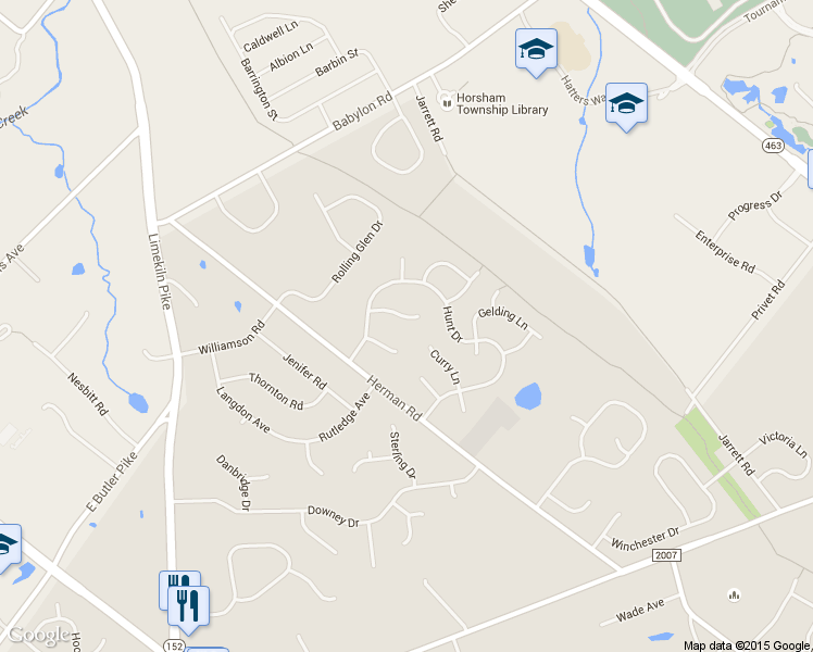 map of restaurants, bars, coffee shops, grocery stores, and more near 21 Steeplechase Circle in Horsham