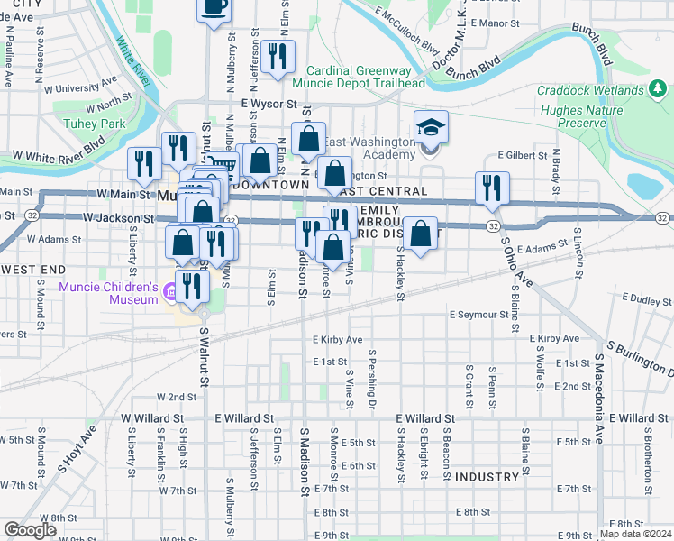 map of restaurants, bars, coffee shops, grocery stores, and more near East Charles Street in Muncie