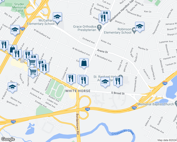 map of restaurants, bars, coffee shops, grocery stores, and more near 143 White Horse Avenue in Trenton