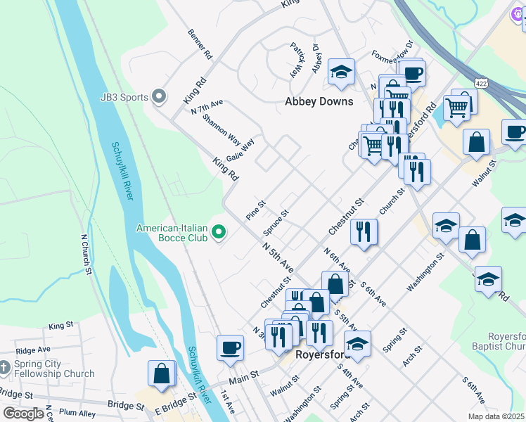 map of restaurants, bars, coffee shops, grocery stores, and more near 560 Pine Street in Royersford