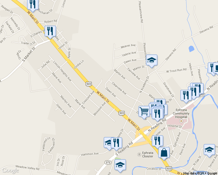 map of restaurants, bars, coffee shops, grocery stores, and more near 1025 Dawn Avenue in Ephrata