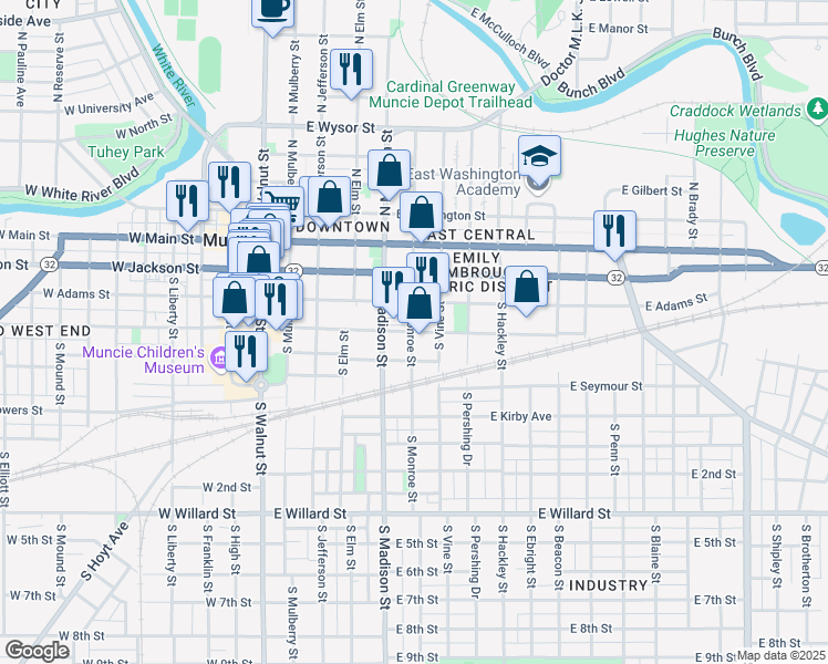 map of restaurants, bars, coffee shops, grocery stores, and more near East Charles Street in Muncie