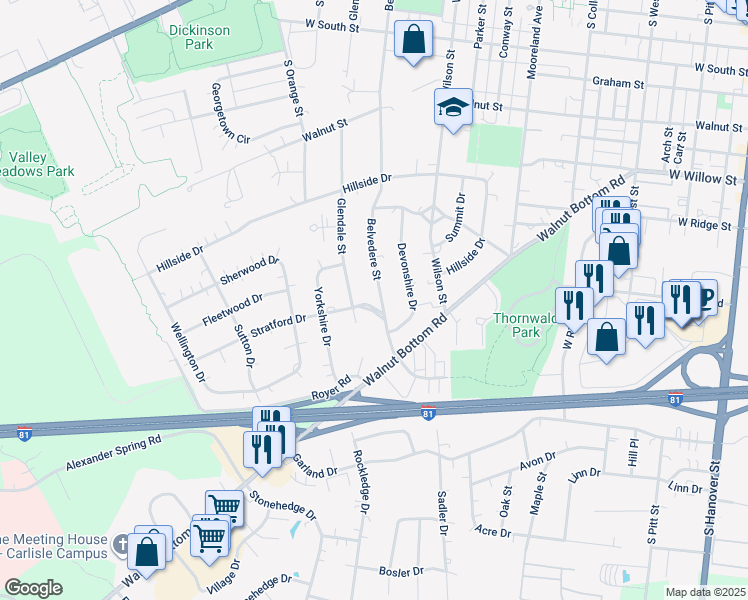 map of restaurants, bars, coffee shops, grocery stores, and more near 648 Belvedere Street in Carlisle