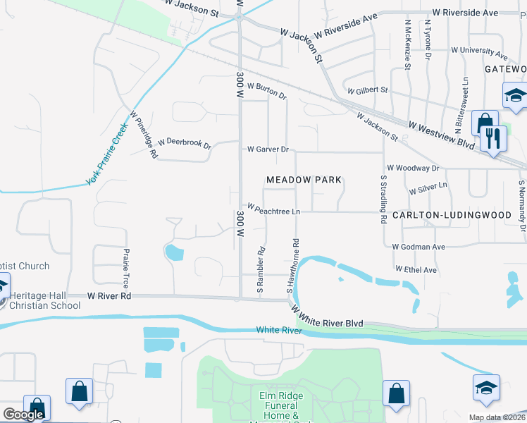 map of restaurants, bars, coffee shops, grocery stores, and more near 4800 West Peachtree Lane in Muncie